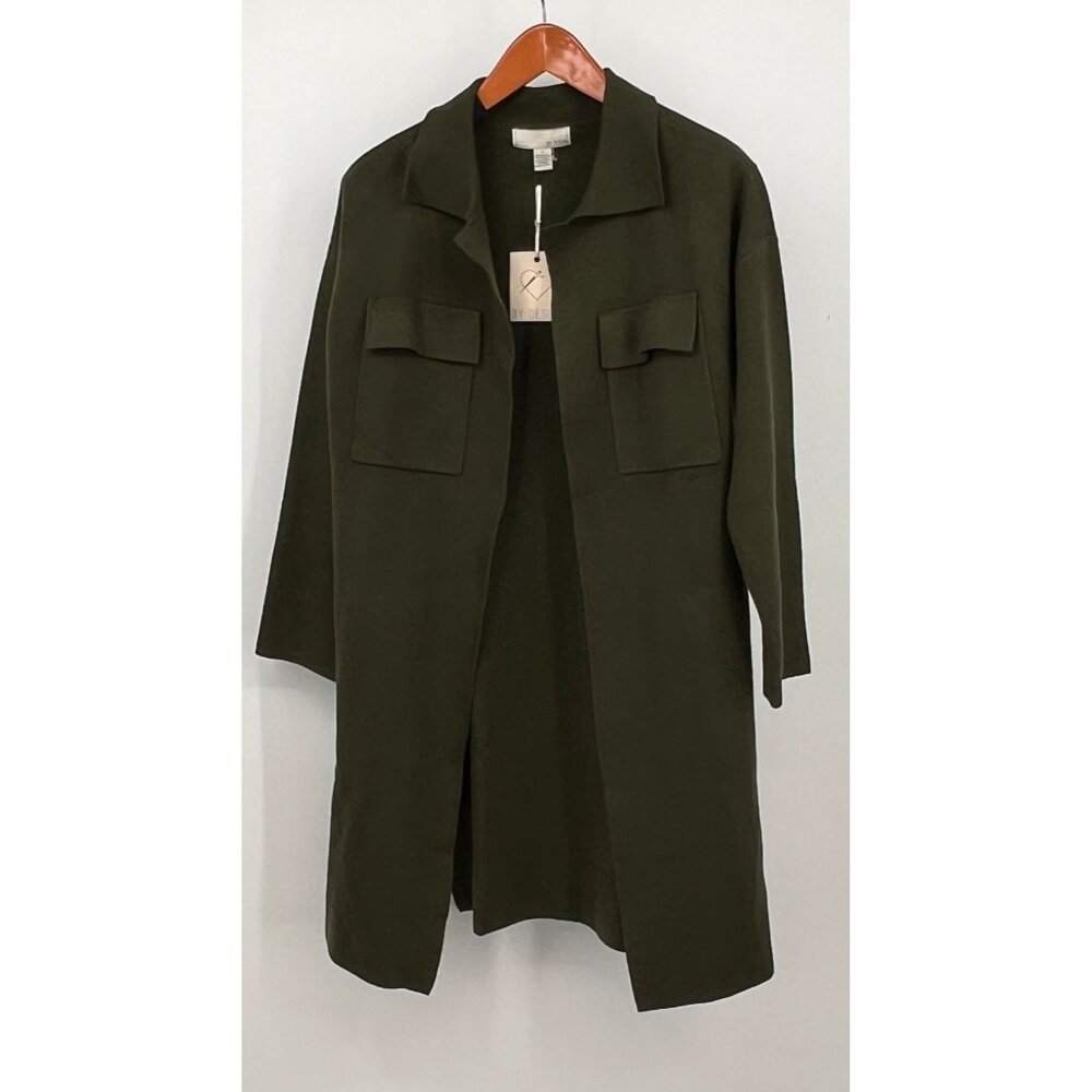 By Design Long Open Front Jacket Size M Olive Green Viscose Blend Knit